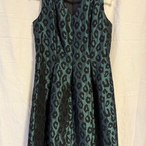 LOFT Teal Black Jacquard Leopard Fit & Flare Dress Size 8 Holiday Party office